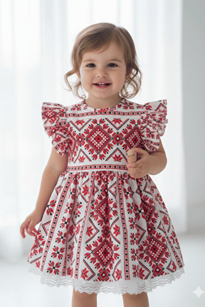 Bertuğ Bebek Ruffle Detailed Ethnic Patterned Poplin Red White Girl's Baby Dress