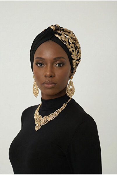 fidan bone Özel Tasarım Siyah Üzeri Altın Payetli Etnik Desenli Astarlı Hazır...