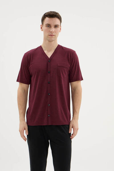 KLY طقم بيجامة رجالي بياقة على شكل V وأزرار طويلة - ملابس خارجية