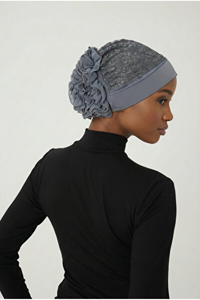 fidan bone Kordoneli Fırfırlı Önü Plise Biyeli Koyu Gri Hazır Türban Tesettür...