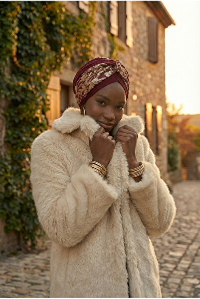 elysianfidan Special Design Burgundy with Beige Embroidery Oval Pattern Lined...