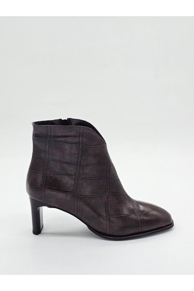 Luvesta Shoes Croco Thin Heeled Boots Dark Brown