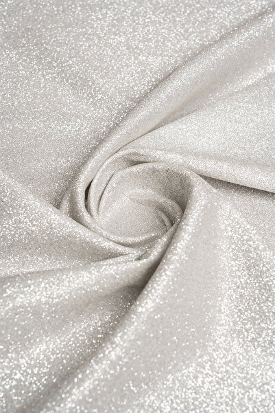 Kumaş Deposu Elmas Ekru Rengi Simli Örme Abiye Kumaş