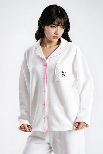 Ecrou Set de pijamale pentru femei Ecru Waffle Panda Kingdom guler tip Peter ...