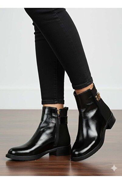 Luvesta Shoes B Buckle Patent Leather – Suede Detail Boots Black