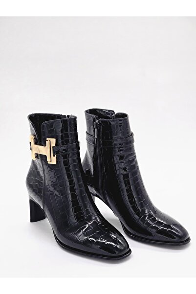 Luvesta Shoes Black Croco Gold Buckle Heeled Boots