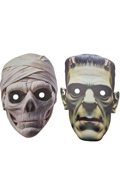 partidolu Arkadan Lastikli Drakula ve Mumya Halloween Karton Maskesi 2 Adet