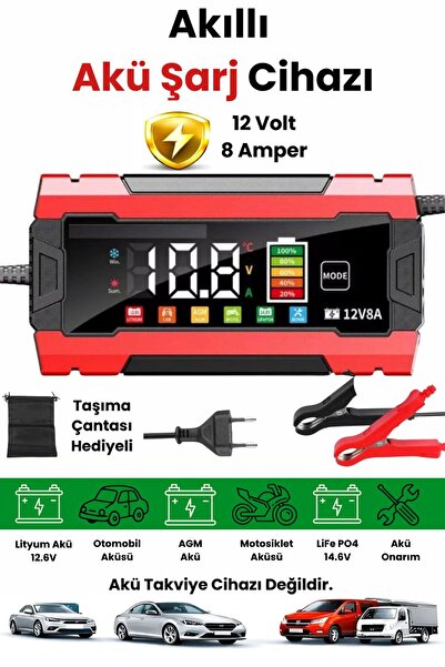 Yussraw AUHMA12V 8A Akıllı Akü Şarj Cihazı 12V 8A LCD Ekranlı Pulse Repair Ot...