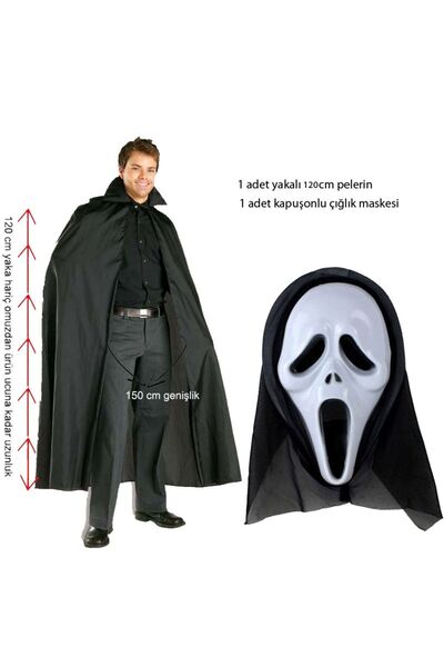 partidolu 120 cm Pelerin ve Ghost Scream Kapüşonlu Çığlık Hayalet Maskeli Set...