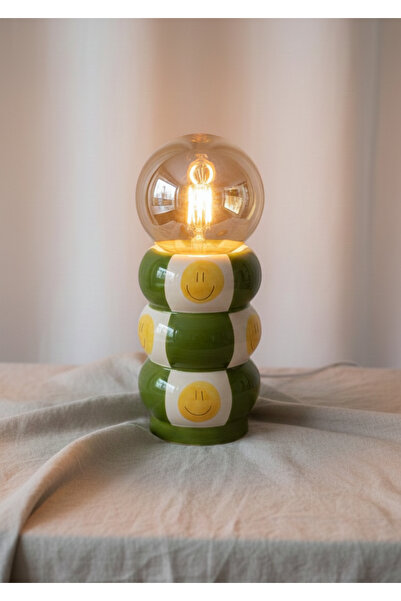 woness studio El Yapımı Dama Desen Seramik Masa Lambası (Lamba Dahil)