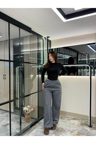 mor butik Women's Black Herringbone Pattern Jacquard High Waist Relaxed Fit T...