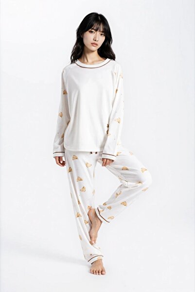 Ecrou Set de pijamale pentru femei Ecru Study Cafe Looks Bis Guler