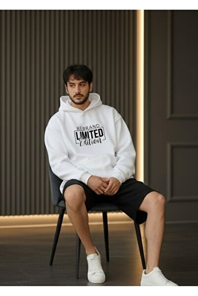 REBRAND Fleece-Lined Sweatpants Shorts Set Printed Oversized Hooded Sweatshir...