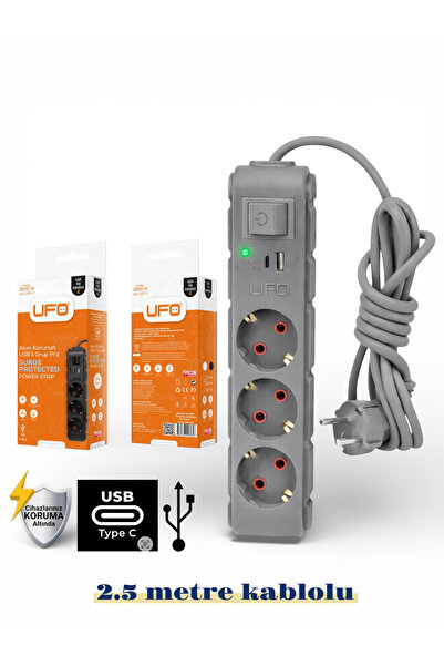UFO Akım korumalı grup priz 2.5 mt kablolu anahtarlı Gri 3 lü ve USB+type-c ş...