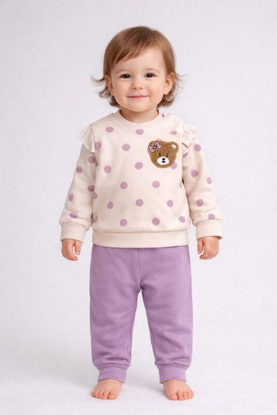 dinamik çocuk Baby Girl/Child Polka Dot Punch Teddy Bear Baby Set with Snap S...