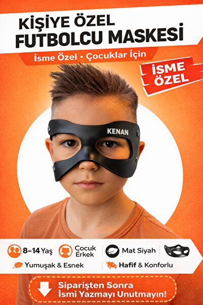 Outrock İsme Özel Futbolcu Maskesi Çocuk boy Siyah Mat Esnek Karne hediyesi