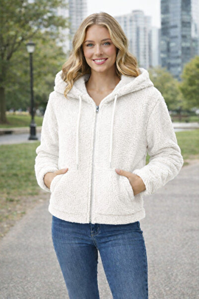 BRLKN Cardigan cu mânecă lungă din țesătură de pluș cu glugă cu buzunar cangu...