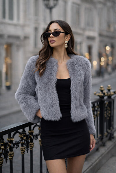 Elegance Scarf Jachetă de blană Lolita gri premium - fără guler, palton impor...