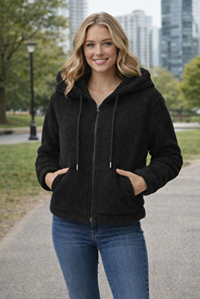 BRLKN Plush Fabric Long Sleeve Hooded Cardigan Kangaroo Pocket Oversized Winter