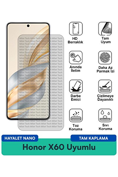 Milat Tech فيلم حماية الشاشة Honor X60 Hayalet Nano خالٍ من الفقاعات ومقاوم ل...