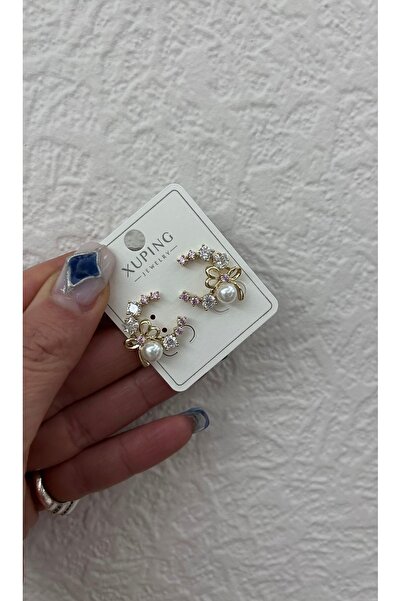 XUPING JEWELRY أقراط فولاذية على شكل فيونكة مرصعة بالزركون واللؤلؤ من موديل C...