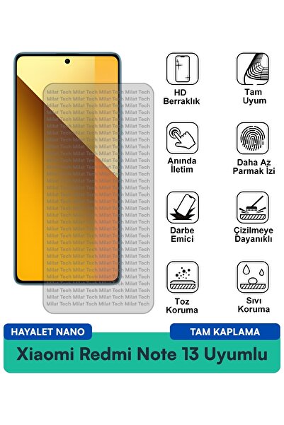 Milat Tech فيلم حماية شاشة Xiaomi Redmi Note 13 Hayalet Nano مقاوم للخدوش وال...