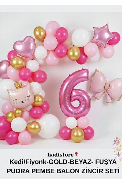 hadistore Pink Cat Themed Balloon Chain Set – Birthday Set with 100 cm Number...