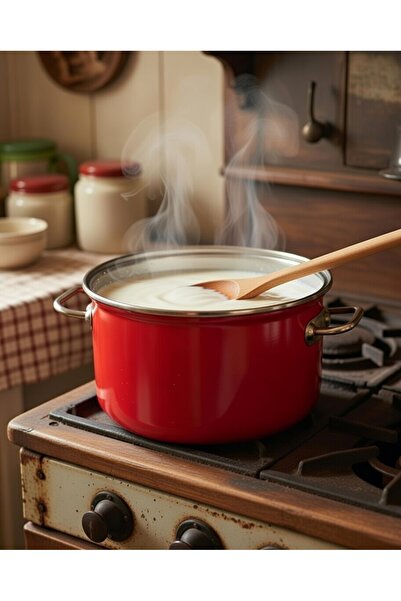 EBRULİEMAYE Red Small Size Enamel Pot 2.5 Liters 20 cm Diameter Chrome Detail...