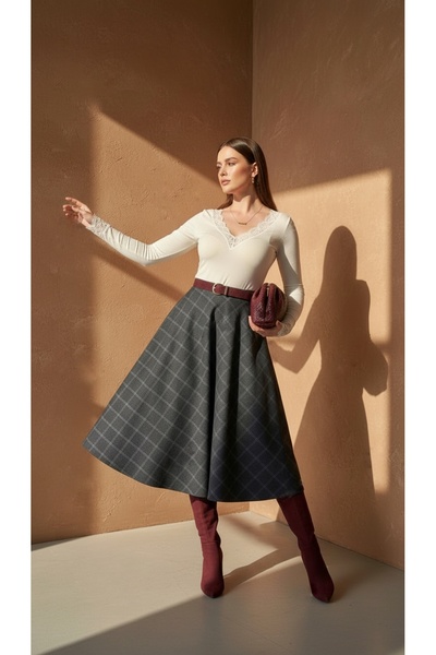 VATKA STUDİO VATKA Ekose Desenli Yüksek Bel MidiEtek