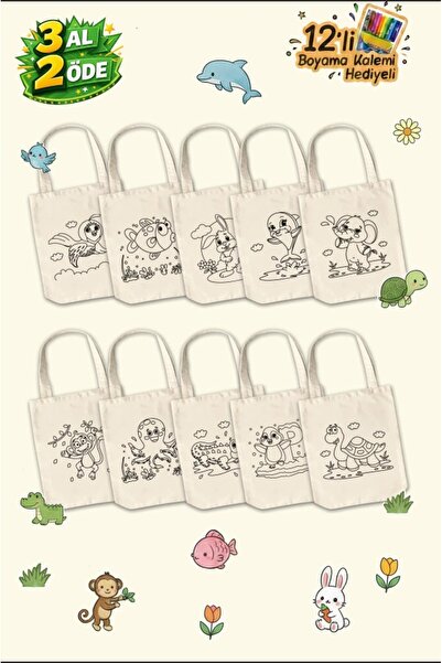 Çınar Bez Çanta Şirin Hayvanlar Desenli Boyama Çantası - 10 Adet