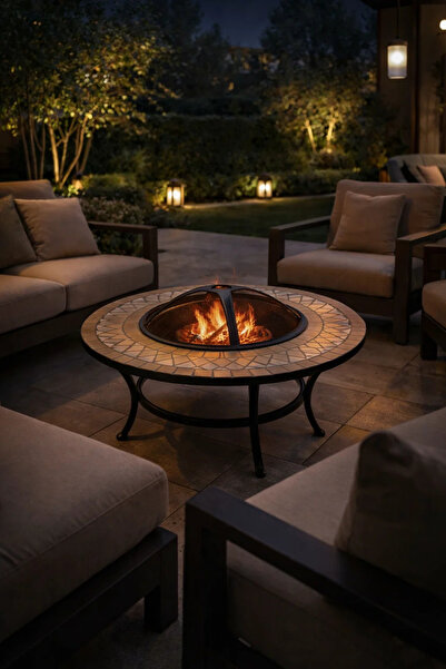 MARIA HOMES طاولة خارجية مستديرة من الفسيفساء لحفرة النار - سطح من البلاط الح...