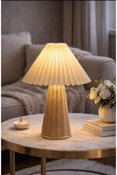 burenze Hasır Abajur Umbrella Pileli Abajurlu Masa Lambası