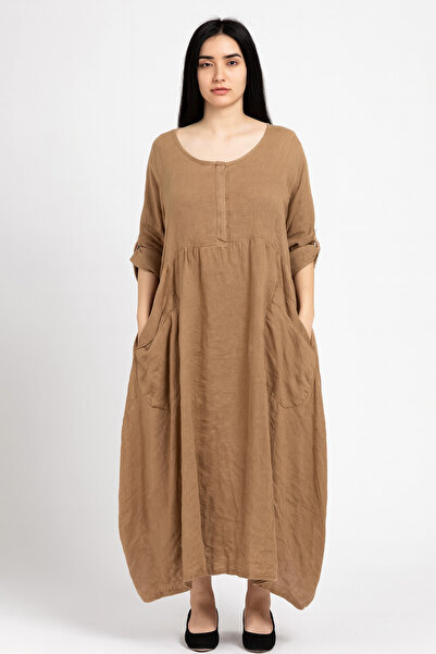 EREN STYLE Ιταλικό λινό φόρεμα με μακριά μανίκια με κουμπιά