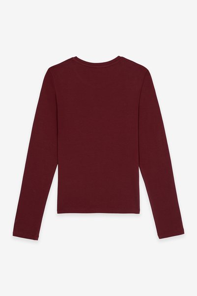 COMMON MELON Women's Round Neck Long Sleeve Basic Cotton Blouse Burgundy