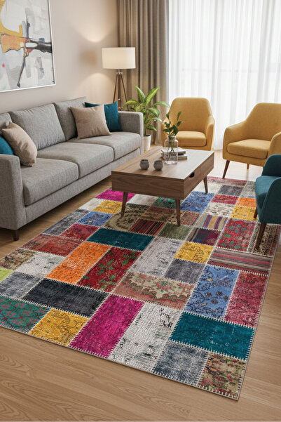 MELARİS HALI Vintage Eskitme Patchwork Yıkanabilir Şönil Kilim Pamuk Taban Do...