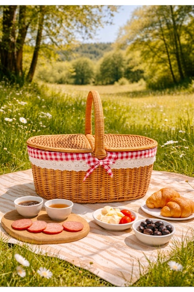 Pembelia Life Hasır Oval Piknik Sepeti Bambu Sepet Kapaklı Kırmızı Ekose Dese...