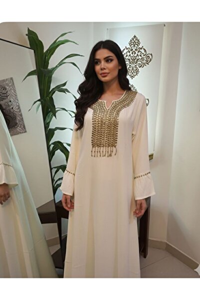 Veil Designer جلابه الوان كلاسيكي بتطريز ذهبي علي الصدر و الاكمام كتان