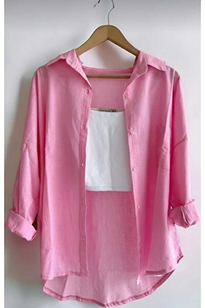 blackbonds Women's Light Pink Linen Shirt Summer Oversized Shirt New Season
