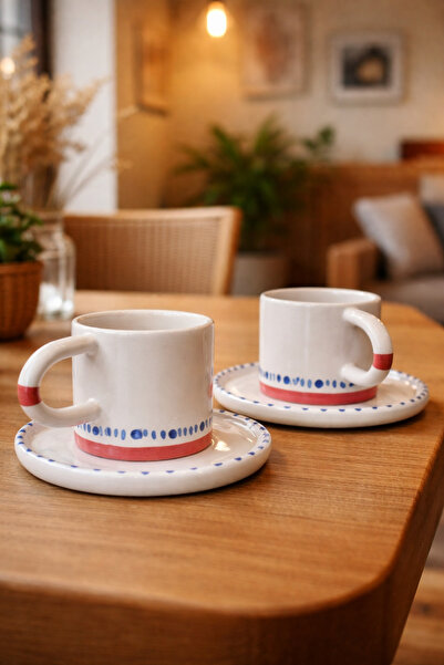 Store El Yapımı Seramik 2 Kişilik Kırmızı Mavi Kahve Fincan Takımı
