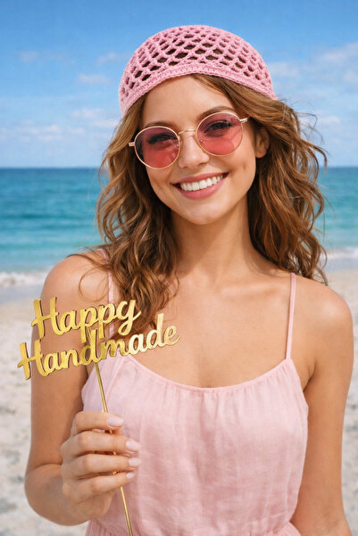 HAPPY HANDMADE قبعة محبوكة من الكروشيه باللون الوردي مع هدية ساحرة/قبعة شبكية...