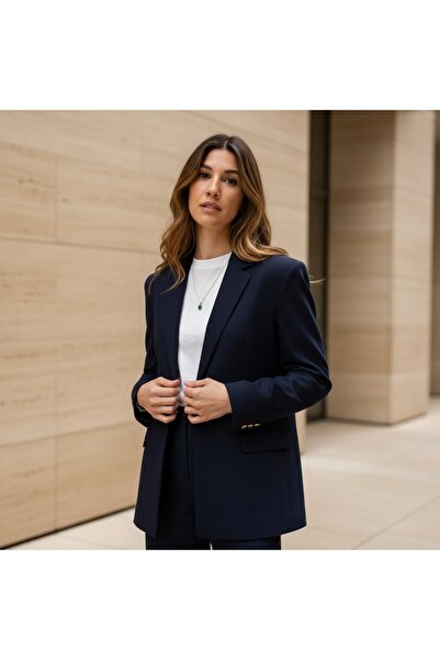 the blazer obsessed Navy Blue Gold Buttoned Wide Collar Blazer Jacket