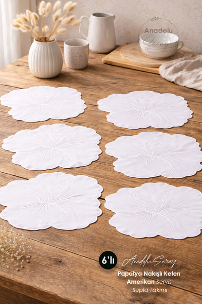 Anadolu Saray 6’lı Papatya Nakışlı Keten Amerikan Servis ve Supla Takımı – Do...