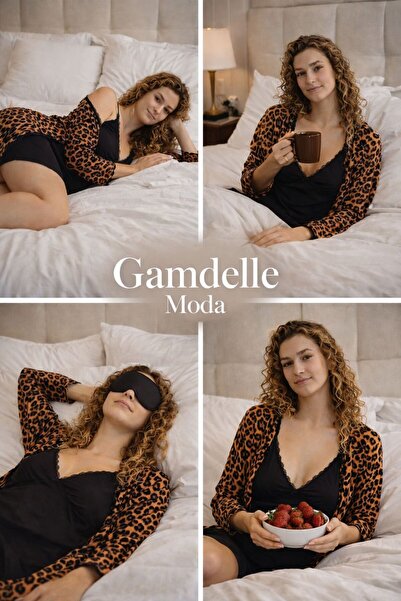 GAMDELLE MODA طقم ملابس نوم نسائي بنقشة الفهد فوق الركبة