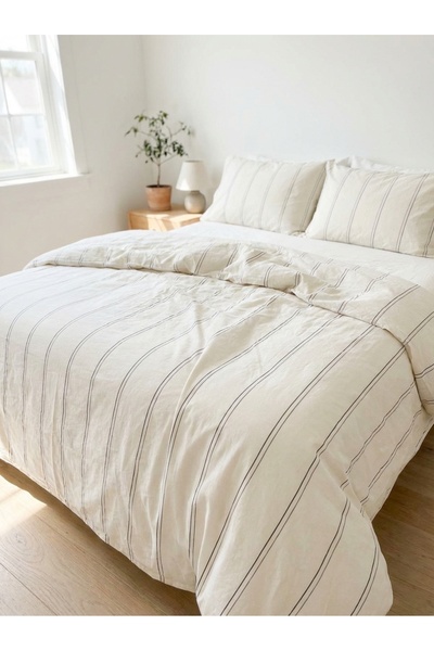 Ricco Lifes Комплект органично спално бельо с черни ивици, единично (БЕЗ ЧАРШАФ)