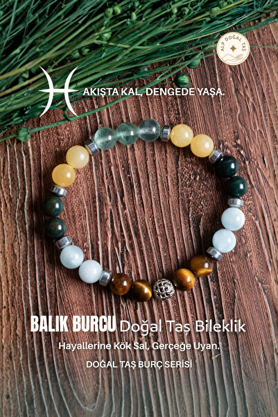 Alp Doğal Taş Doğal Taş Balık Burcu Bileklik (Kaplan gözü akuamarin florit ka...