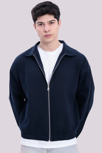 Gizrain Erkek Lacivert Gabardin Kumaş Fermuarlı Oversize Beli Lastikli Mevsim...