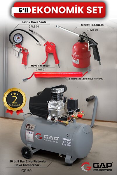 GAP KOMPRESÖR Hava Kompresörü Pistonlu 50 Lt 4 Parça Havalı Set