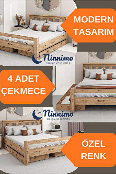 Ninnimo Arya Çift Kişilik 160x200 Yatak Uyumlu Ceviz Çekmeceli Karyola YATAK ...