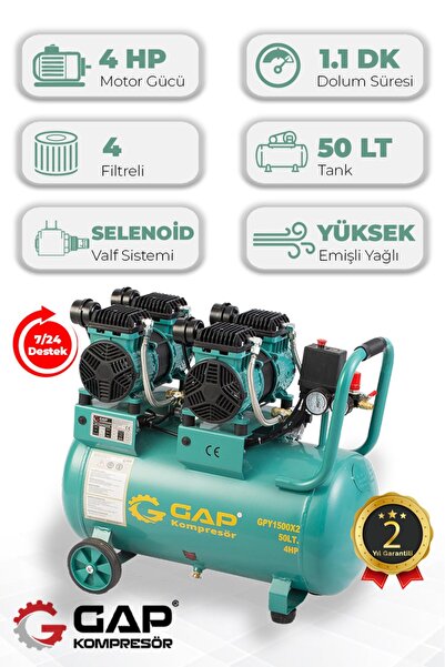 GAP KOMPRESÖR Hava Kompresörü Yüksek Emişli Yağsız Teknoloji 50lt Gpy1500x2