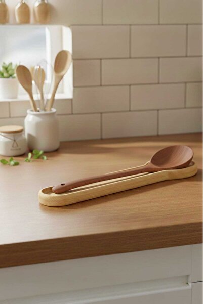 Ahşap Teslim Doğal Ahşap Kaşık Altlığı - Tezgah Üstü Tekli Kaşıklık ve Mutfak...